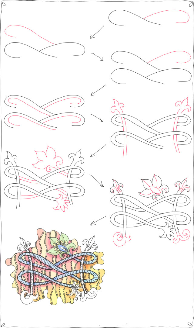 一组禅绕花卉图案的入门绘画步骤