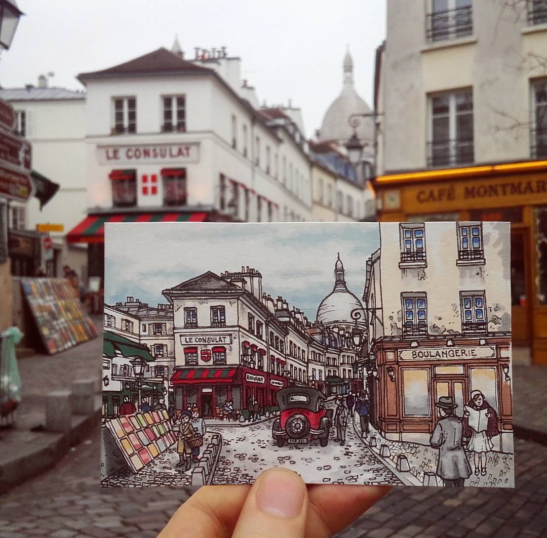 旅行画家用画笔记录城市的动人印记
