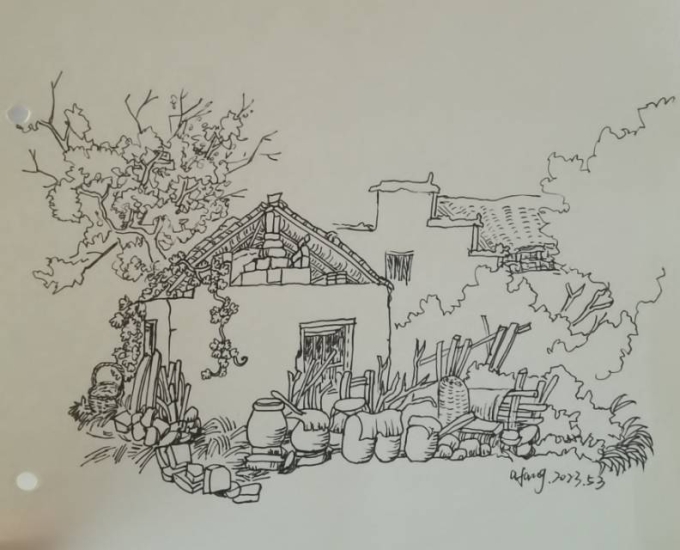 老屋墙边_线描画