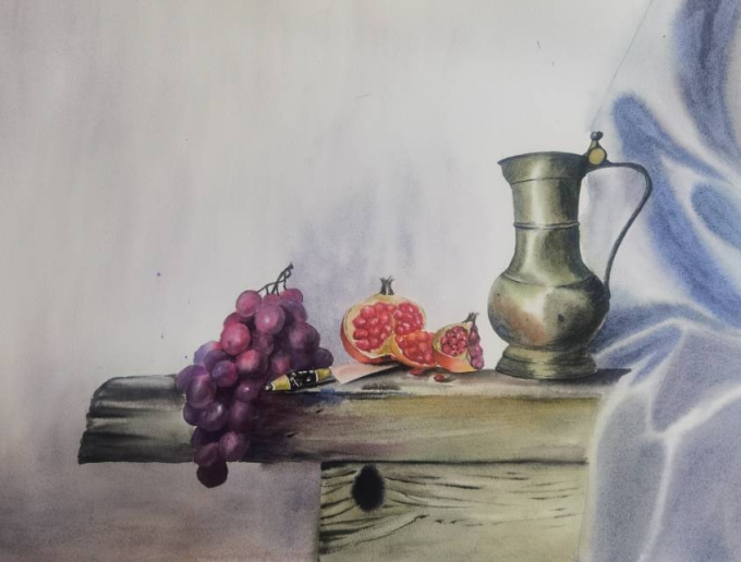 葡萄与石榴_线描画