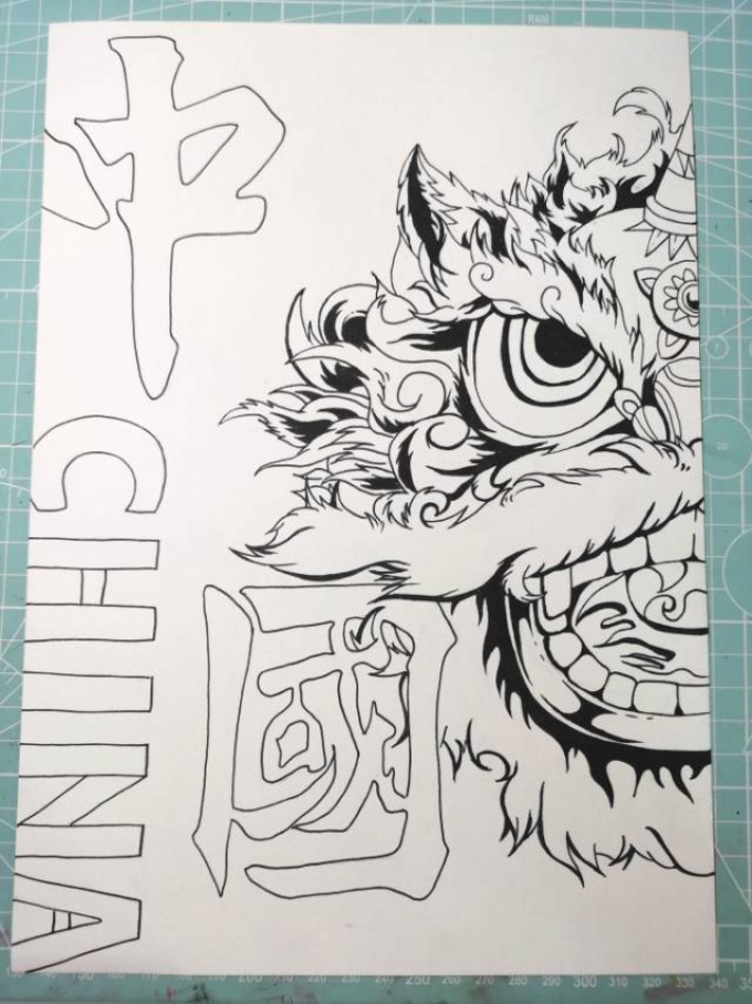 国风醒狮_线描画