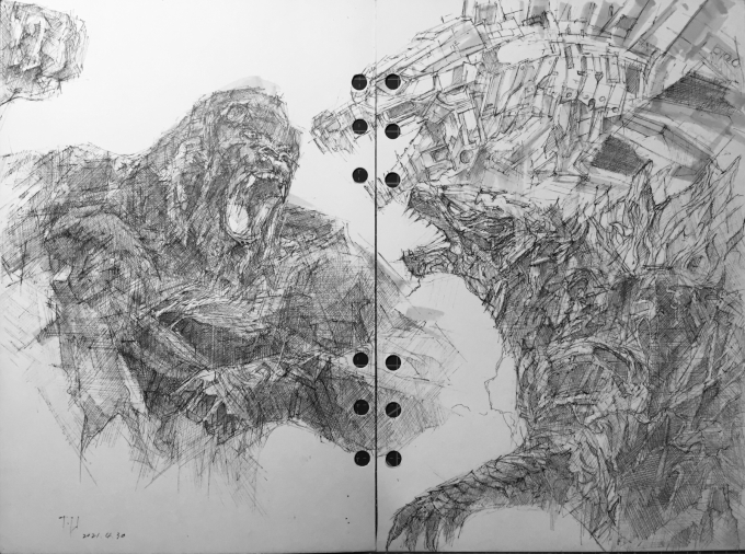 哥斯拉大战金刚..._线描画