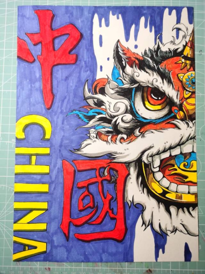 国风醒狮_线描画