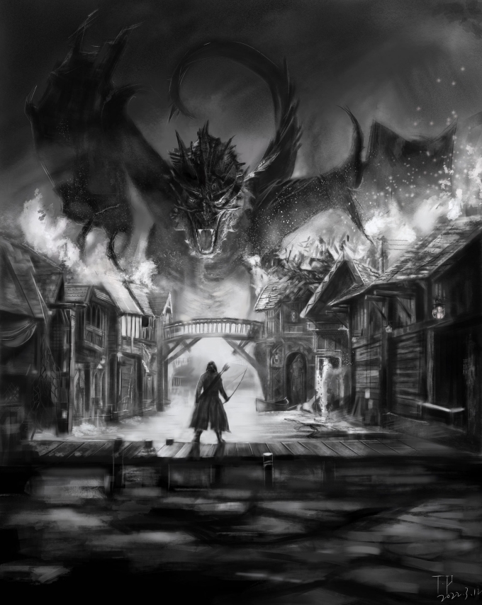 《霍比特人》海报板绘_线描画