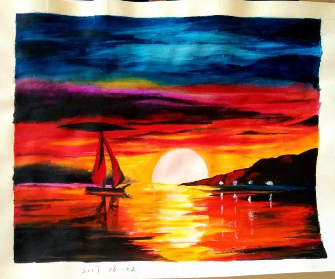 海边的落日_线描画